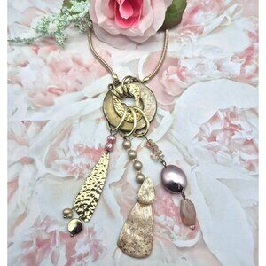 Rose Gold Tone & Pink Long Statement Necklace Dangle Pendants 30" Boho